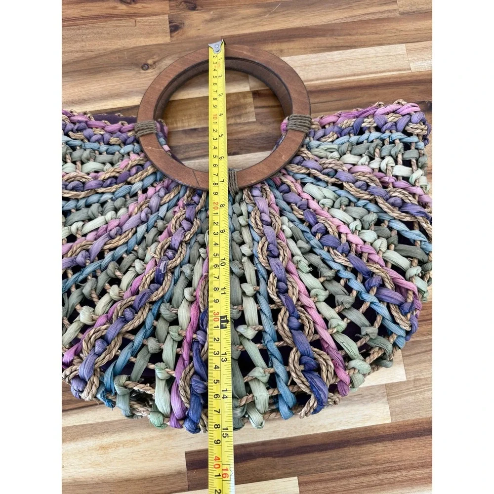 Vtg Capelli Straworld Dorfman Pacific Straw Bag Multicolored Pastel Wood Handles
